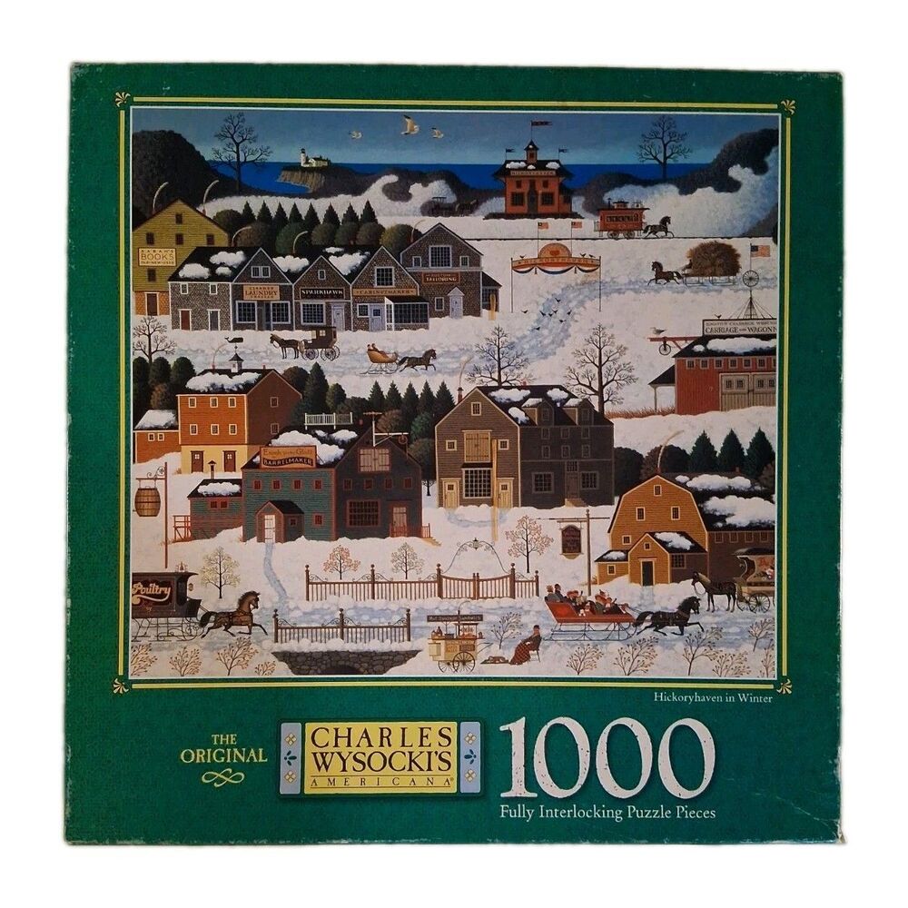 MB 1999 CHARLES WYSOCKI Hickoryhaven In Winter 1000 Piece Puzzle Vtg Rare